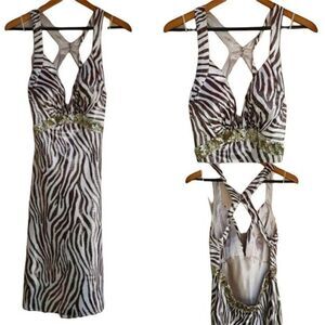 Y2K La Femme Racerback Dress 10 Formal Metallic Bronze Zebra Plunging V Strappy